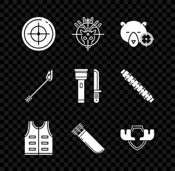 Set Target sport for shooting competition, Hunt deer with crosshairs, bear, Hunting jacket, Quiver arrows, Moose horns shield, Flame and Flashlight and knife icon. Vector — Stockvector