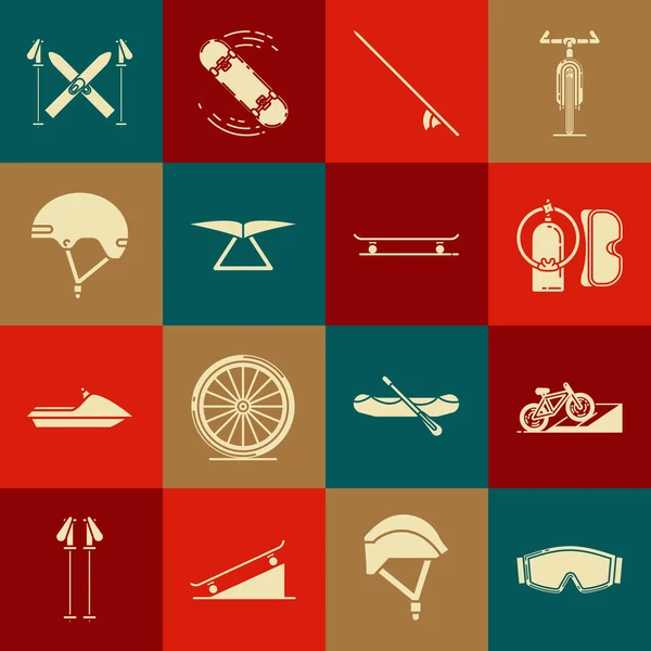Set Ski goggles, Bicycle on street ramp, Diving mask and aqualung, Surfboard, Hang glider, Helmet, sticks and Skateboard icon. Vector