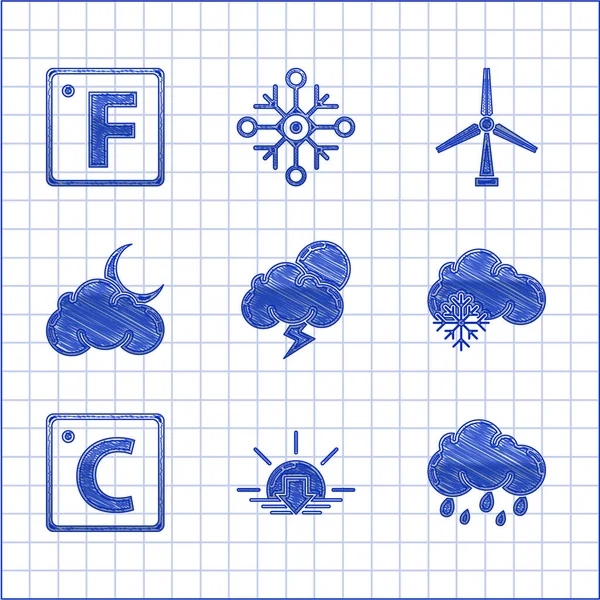 Set Storm, Sunset, Cloud with rain, snow, Celsius, moon and stars, Wind turbine and Fahrenheit icon. Vector — Stock Vector