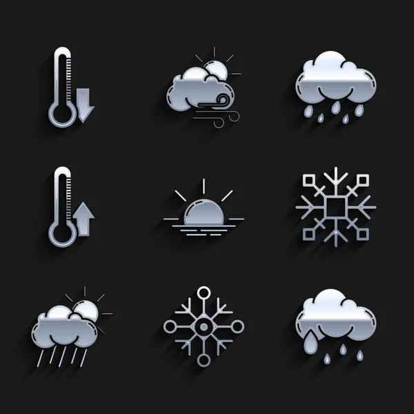 Sonnenaufgang, Schneeflocke, Wolken mit Regen und Sonne, Thermometer und Symbol. Vektor — Stockvektor