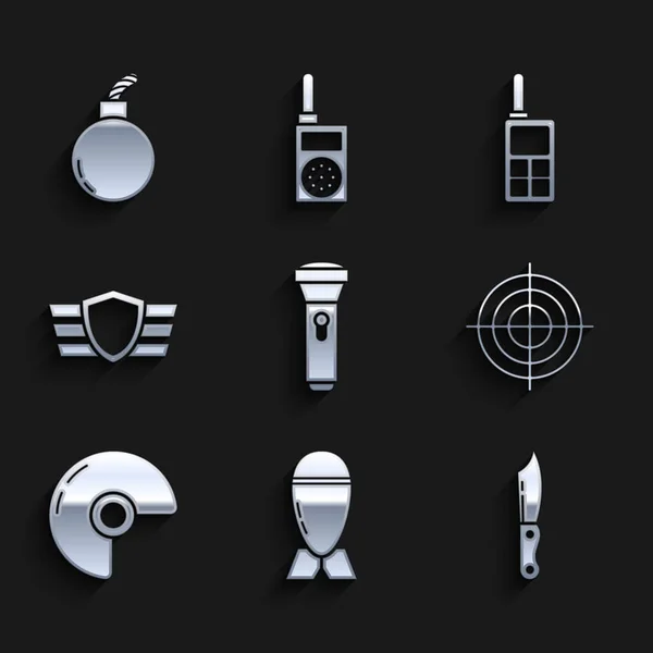 Set Flashlight, Aviation bomb, Military knife, Target sport for shooting competition, helmet, reward medal, Walkie talkie and Bomb ready to explode icon. Vector — Vettoriale Stock