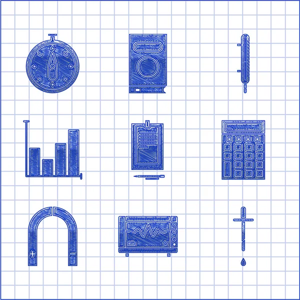 Set Presse-papiers avec document, cardiogramme de moniteur d'ordinateur, pipette, calculatrice, aimant, infographie graphique à secteurs, mesure du thermomètre météorologique et icône de boussole. Vecteur — Image vectorielle