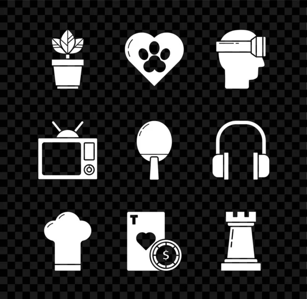 Set Flowers in pot, Heart with animals footprint, Virtual reality glasses, Chef hat, Casino chip and playing cards, Chess symbol, Television and Racket for table tennis icon. Vector — стоковый вектор