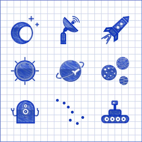 Set Planet, Great Bear constellation, Mars rover, Alien, Sun, Rocket ship with fire and Moon and stars icon. Vector — 스톡 벡터