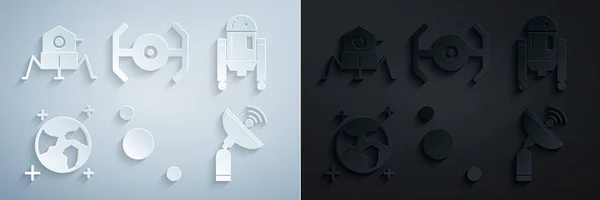 Set Solar system, Robot, Earth globe, Radar, Cosmic ship and Mars rover icon. Vector — Stok Vektör