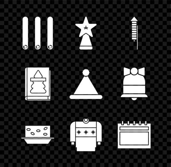 Set Three rolled sticks of cinnamon, Christmas star, Firework rocket, Nougat with nuts, sweater, Calendar, book and Santa Claus hat icon. Vector — Stockvektor