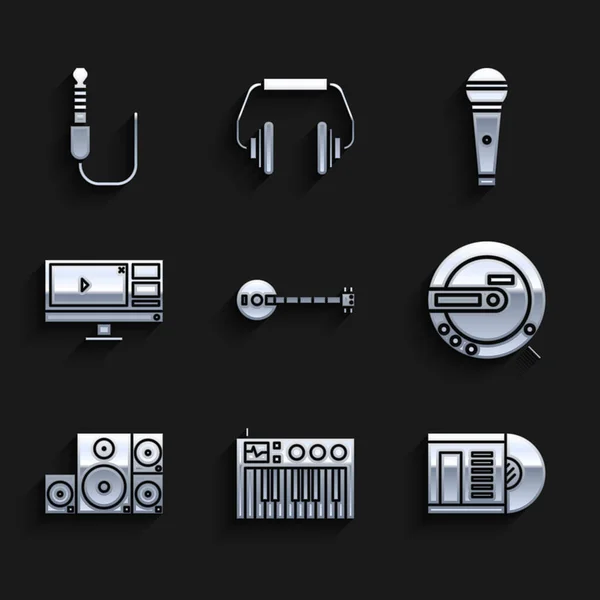 Set Banjo, Music synthesizer, Vinyl disk, CD player, Stereo speaker, Video recorder or editor software on monitor, Microphone and Audio jack icon. Vector — Vector de stock