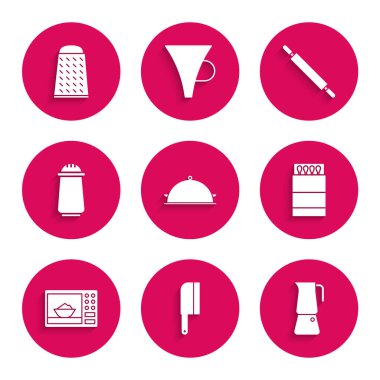 Set Covered with a tray of food, Meat chopper, Moka pot, Open matchbox and matches, Microwave oven, Salt pepper, Rolling pin and Grater icon. Vector