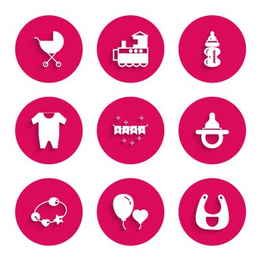 Set Carnival garland with flags, Balloons in form of heart, Baby bib, dummy pacifier, Rattle baby toy, clothes, bottle and stroller icon. Vector