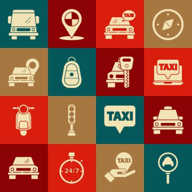 Büyüteç ve taksi, taksi, dizüstü bilgisayar çağrı servisi, uzaktan kumandalı araba anahtarı, harita işaretleyici ve kiralık ikon ayarla. Vektör