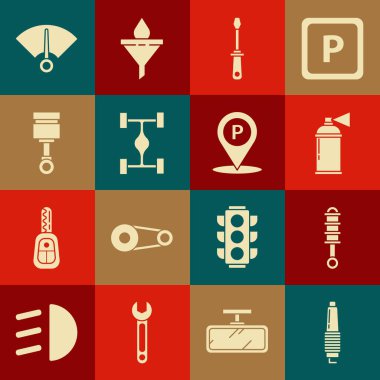 Set Car spark plug, Shock absorber, Paint spray can, Screwdriver, Chassis car, Engine piston, Speedometer and Location with parking icon. Vector