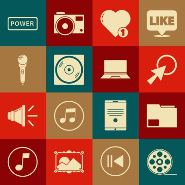 Set Film reel, Document folder, Arrow cursor, Like and heart, Vinyl disk, Microphone, Power button and Laptop icon. Vector