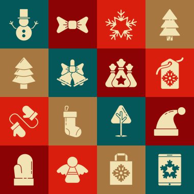 Set Christmas on smartphone and snowflake, Santa Claus hat, Price tag with inscription Sale, Snowflake, Merry ringing bell, tree, snowman and bag gift icon. Vector