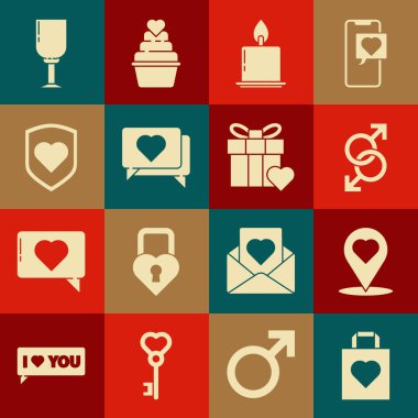 Set Shopping bag with heart, Map pointer, Male gender symbol, Burning candle, Like, Heart shield, Wine glass and Gift box icon. Vector