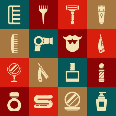 Şampuan takımı, klasik berber dükkanı direği, tıraş makinesi, saç kurutma makinesi, saç fırçası, bıyık ve sakal ikonu. Vektör