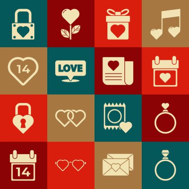 Set Diamond engagement ring, Wedding rings, Calendar with heart, Gift box, Speech bubble text love, Heart, Lock and and Envelope Valentine icon. Vector