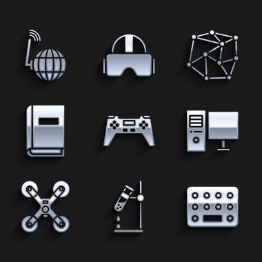 Set Gamepad, Test tube flask on fire, Pills in blister pack, Computer monitor, Drone flying, User manual, Neural network and Social icon. Vector