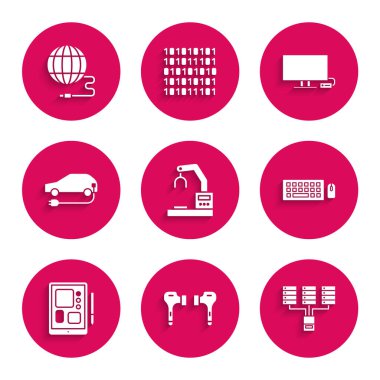 Robotik robot kol kolu fabrikası, Hava kulaklıkları, Sunucu, Veri, Web Sunucu, Klavye faresi, Grafik tablet, Elektrikli araba, Akıllı TV ve Sosyal Ağ simgesi ayarlayın. Vektör