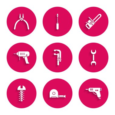 Klemp aleti, rulet inşaatı, elektrikli tutkal tabancası, İngiliz anahtarı, metal vida, matkap, testere ve kerpeten ikonu. Vektör