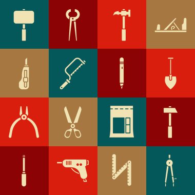Çizim pusulası, çekiç, kürek, pençe çekici, testere, kırtasiye bıçağı, silgi ikonlu Balyoz ve Kalem setini hazırlayın. Vektör