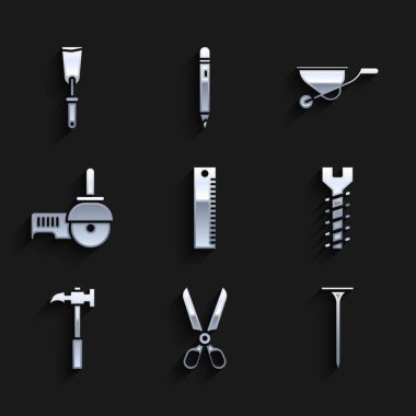 Cetvel, makas, metal çivi, vida, pençe çekici, açı öğütücü, el arabası ve macun bıçağı ikonu. Vektör