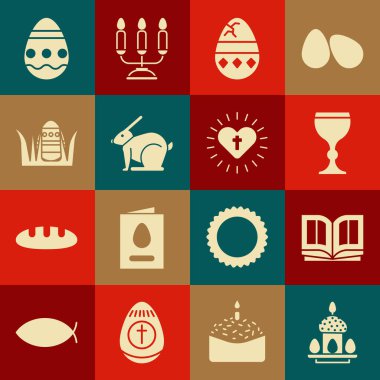 Set Easter cake and eggs, Holy bible book, Wine glass, Cracked, rabbit, and Christian cross heart icon. Vector
