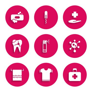 Set Bottle with nozzle spray, T-shirt, First aid kit, Virus, Towel on hanger, Broken tooth, Cross hospital medical and Bar of soap icon. Vector