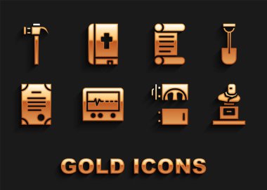 Set Beat dead in monitor, Shovel, Grave with tombstone, Crematorium, Death certificate, Decree, parchment, scroll, Hammer and Holy bible book icon. Vector