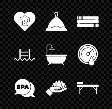 Masaj seti, sauna şapkası, havlu yığını, kaplıca salonu, nilüfer çiçeği, masa, merdivenli yüzme havuzu ve küvet ikonu. Vektör