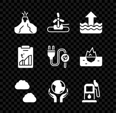 Volkan patlamasını lav, rüzgar türbini, yükselen su seviyesi, bulut, Dünya 'yı tutan eller, petrol veya benzin istasyonu, küresel ısınma ve elektrik prizi yaprak ikonu ile ayarlayın. Vektör