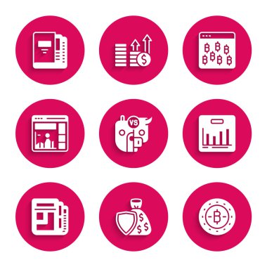 Bull ve Bear borsası, Shield para çantası, Bitcoin, Pie grafikleri, Stock haberleri, büyüme, tarayıcı ve Office klasörleri simgesi olan web sitesi. Vektör