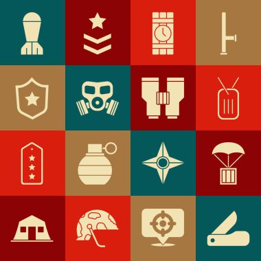 Set Swiss army knife, Airdrop box, Military dog tag, Dynamite and timer clock, Gas mask, reward medal, Aviation bomb and Binoculars icon. Vector