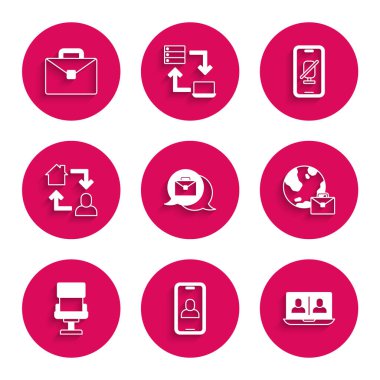 Çevrimiçi çalışma, görüntülü sohbet, ofis koltuğu, sessiz mikrofon cep telefonu ve evrak çantası simgesi. Vektör