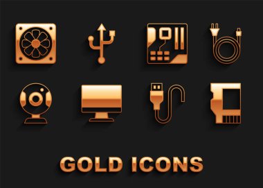 Set Computer monitor screen, Electric plug, SD card, USB cable cord, Web camera, Motherboard digital chip, cooler and icon. Vector