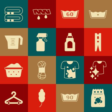 Çamaşır deterjanı, kurutucu giysiler, elbise iğnesi, ısı temizleme, su püskürtme şişesi, ölçü kabı, havlu yığını ve temizlik malzemesi ikonu için şişe ayarlayın. Vektör
