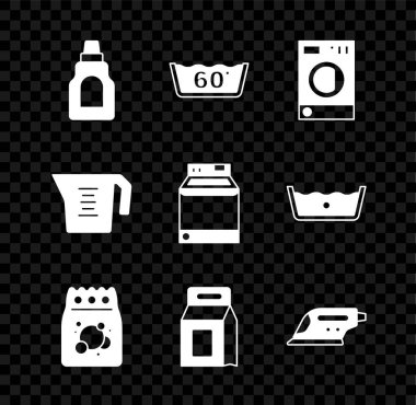 Temizlik maddesi, ısı temizleme, çamaşır makinesi, çamaşır deterjanı, elektrikli ütü, ölçü kabı ve ikon için ayarlayın. Vektör