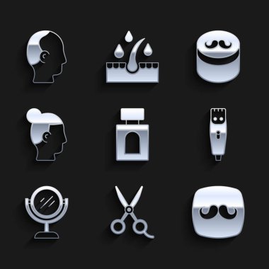 Set Aftershave, Scissors hairdresser, Barbershop, Hair clipper, Hand mirror, Hairstyle for men, Gel wax styling and Baldness icon. Vector