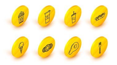 Set line Fork, Scrambled eggs, Donut with sweet glaze, Ice cream in waffle cone, Hotdog sandwich mustard, Paper glass drinking straw water, and Popcorn cardboard box icon. Vector