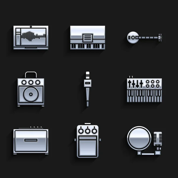 Set Microphone, Guitar pedal, Music synthesizer, amplifier, Banjo and Sound or audio recorder laptop icon. Vector — стоковый вектор