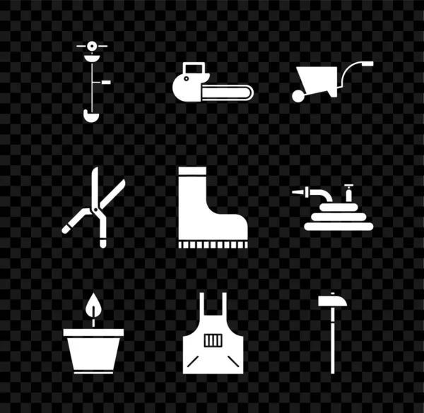 Set Grass and weed electric string trimmer, Chainsaw, Wheelbarrow, Plant pot, Kitchen apron, Hammer, Gardening handmade scissors and Waterproof rubber boot icon. Vector — Stock Vector