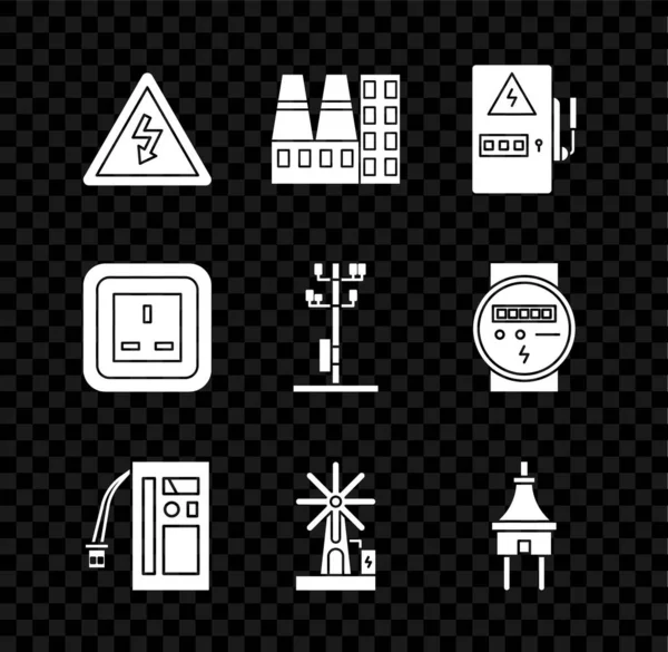 Set High voltage sign, Power station plant and factory, Electrical panel, Battery, Wind turbine, plug, outlet and power pole line icon. Vector — Stock vektor