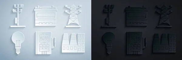 Set Electrical panel, High voltage power pole line, Light bulb with concept of idea, Power station plant and factory, Car battery and icon. Vector — Stockvektor