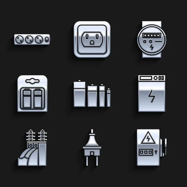 Set Battery, Electric plug, Electrical panel, Power bank, Nuclear power plant, in pack, meter and extension cord icon. Vector — Archivo Imágenes Vectoriales