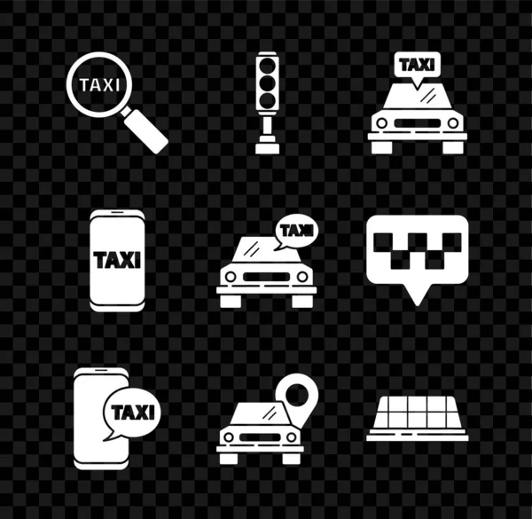 Állítsa nagyító üveg és taxi autó, Forgalmi fény, Taxi, hívja telefonos szolgáltatás, Térkép mutató, tető, és ikon. Vektor — Stock Vector