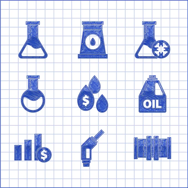 Set Oil drop with dollar symbol, Gasoline pump nozzle, Industry metallic pipes and valve, Canister for motor machine oil, Pie chart infographic, Test tube flask, Antifreeze test and icon. Vector — Stock vektor