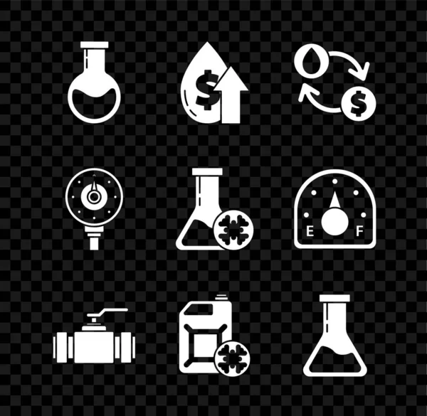 Set Test tube and flask, Oil price increase, exchange, water transfer, convert, Industry metallic pipes valve, Antifreeze canister, Motor gas gauge and test icon. Vector — стоковый вектор