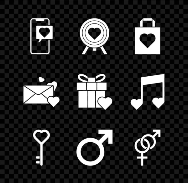 Set Smartphone with heart speech bubble, Heart in the center of darts target aim, Shopping bag, Key shape, Male gender symbol, Gender, Envelope and Gift box and icon. Vector — vektorikuva