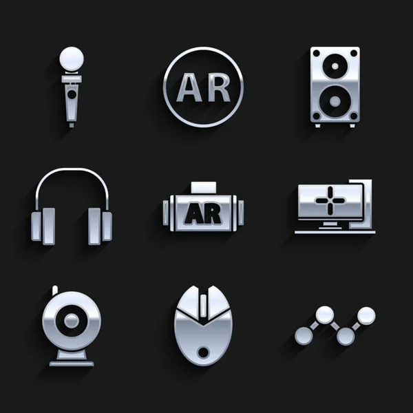Set Ar, доповнена реальність, комп'ютерні ігри миші, спільний доступ, монітор, веб-камера, навушники, стереодинамік та джойстик для значка аркадних машин. Векторні — стоковий вектор