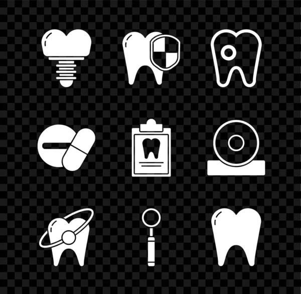 Set Dental implant, protection, Tooth with caries, whitening concept, inspection mirror, Medicine pill tablet and Clipboard dental card icon. Vector —  Vetores de Stock