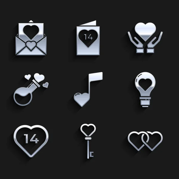 Set Music note, tone with hearts, Key in shape, Two Linked Hearts, light bulb, Bottle love potion, hand and Envelope Valentine icon. Vector — Vettoriale Stock